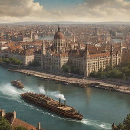 A graphic interpretation of Hungary, depicted through a steampunk lens, with Budapest's cityscape entwined with intricate clockwork, the Danube river bustling with steamboats, and the rural landscapes enhanced with steam-powered machinery.