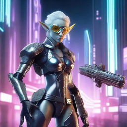 A stoic mechanical elf standing confidently with a futuristic gun in one hand and wearing high-tech goggles