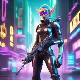 A stoic mechanical elf standing confidently with a futuristic gun in one hand and wearing high-tech goggles