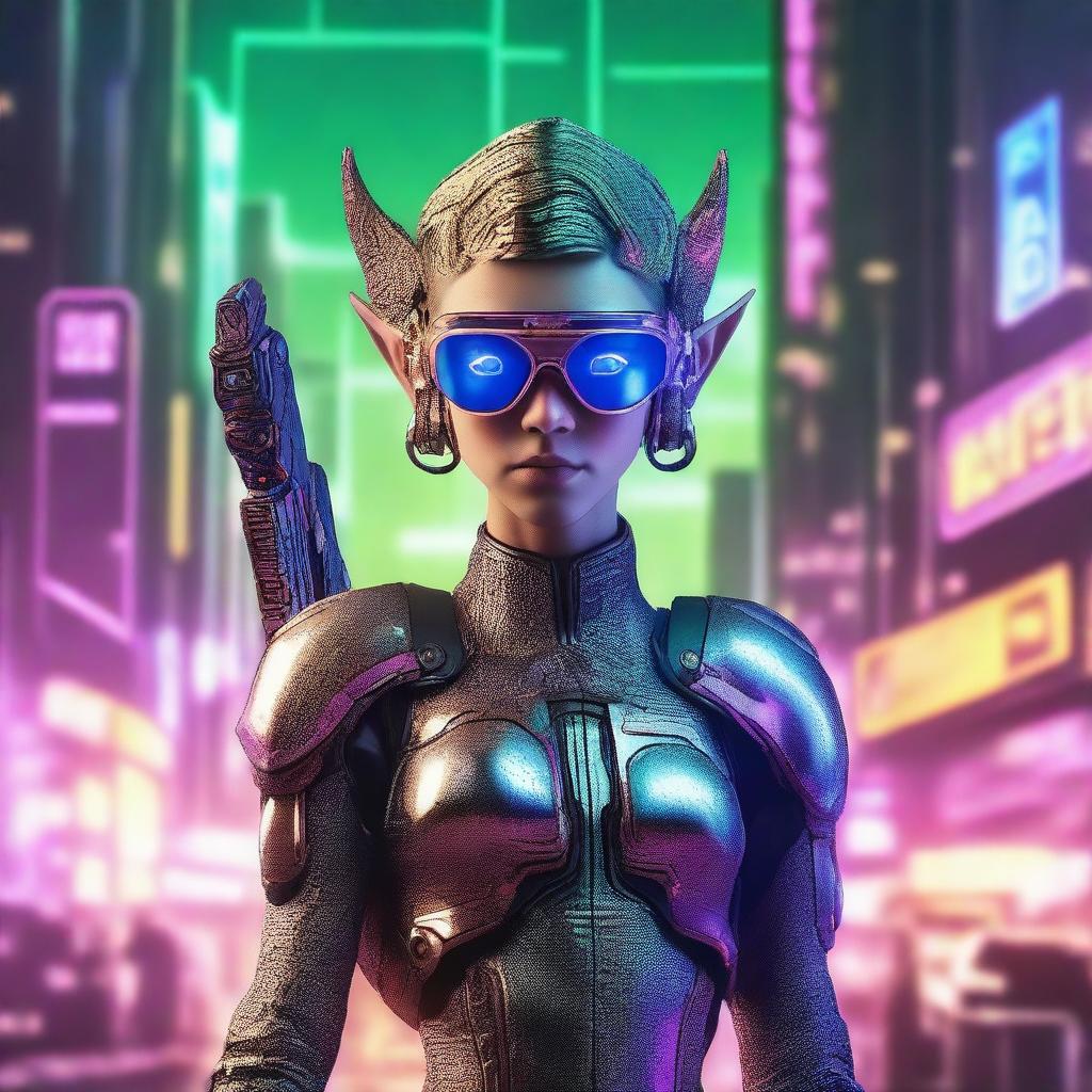 A stoic mechanical elf standing confidently with a futuristic gun in one hand and wearing high-tech goggles