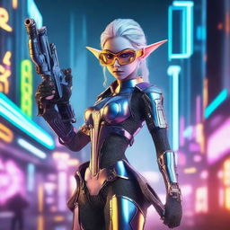 A stoic mechanical elf standing confidently with a futuristic gun in one hand and wearing high-tech goggles