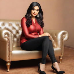 A beautiful Bengali actress and curvy model with an attractive body figure, wearing a bodycon kurta and silky black satin skinny tight shiny jeans