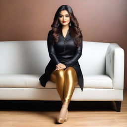 A beautiful Bengali actress and curvy model with an attractive body figure, wearing a bodycon kurta and silky black satin skinny tight shiny jeans