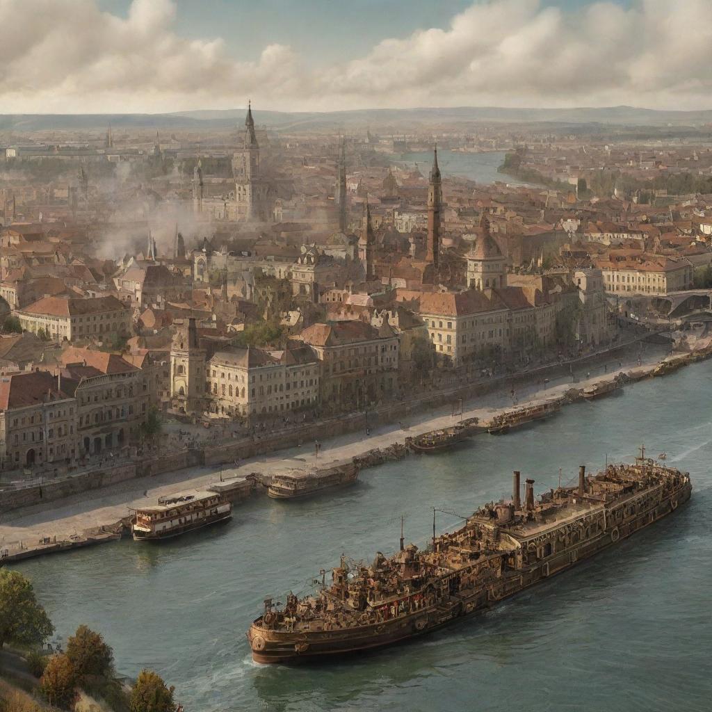 A graphic interpretation of Hungary, depicted through a steampunk lens, with Budapest's cityscape entwined with intricate clockwork, the Danube river bustling with steamboats, and the rural landscapes enhanced with steam-powered machinery.