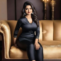 A beautiful Bengali actress and curvy model with an attractive body figure, wearing a bodycon kurta and silky black satin skinny tight shiny jeans