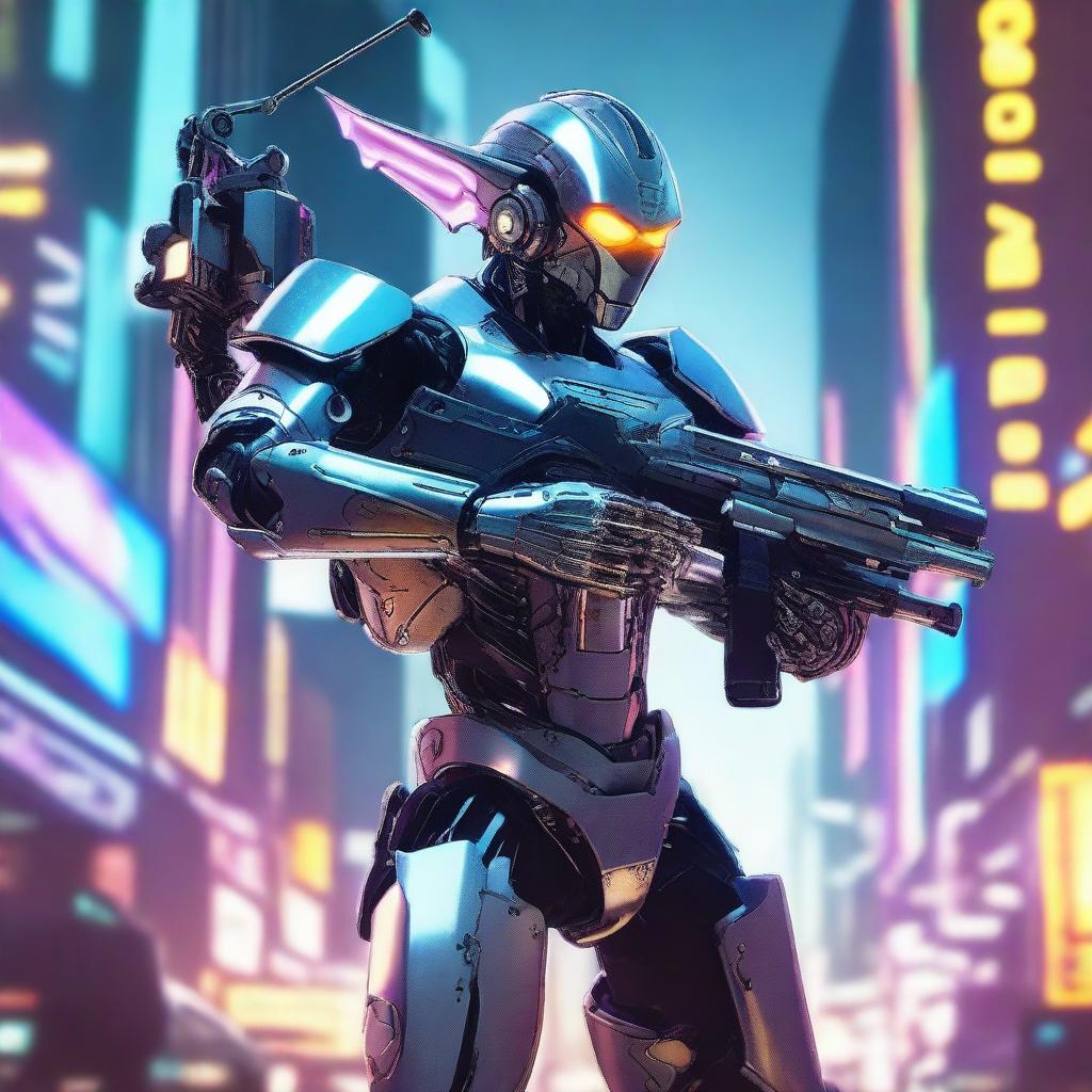 A robotic elf with a sleek, metallic body, holding a futuristic gun in one hand and a blaster mounted on his shoulder