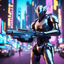 A robotic elf with a sleek, metallic body, holding a futuristic gun in one hand and a blaster mounted on his shoulder