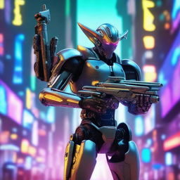 A robotic elf with a sleek, metallic body, holding a futuristic gun in one hand and a blaster mounted on his shoulder