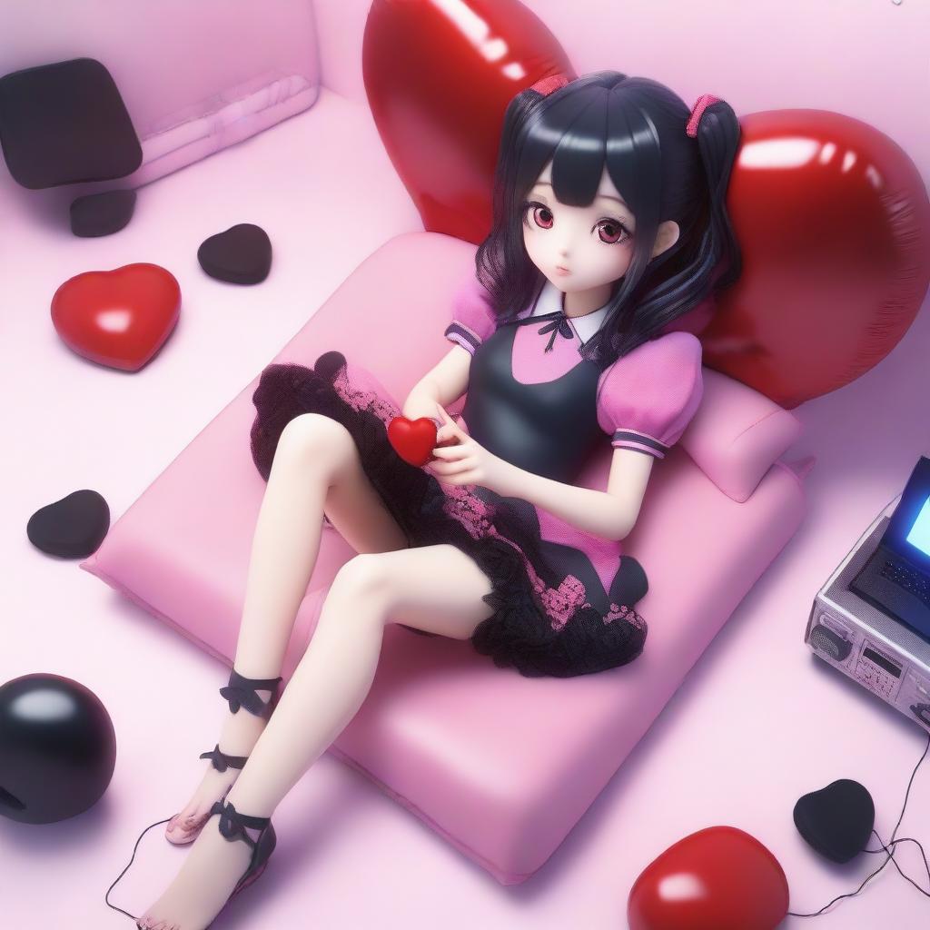 A woman with long black twintails and red eyes is laying down on a red heart-shaped bed in a digital bedroom