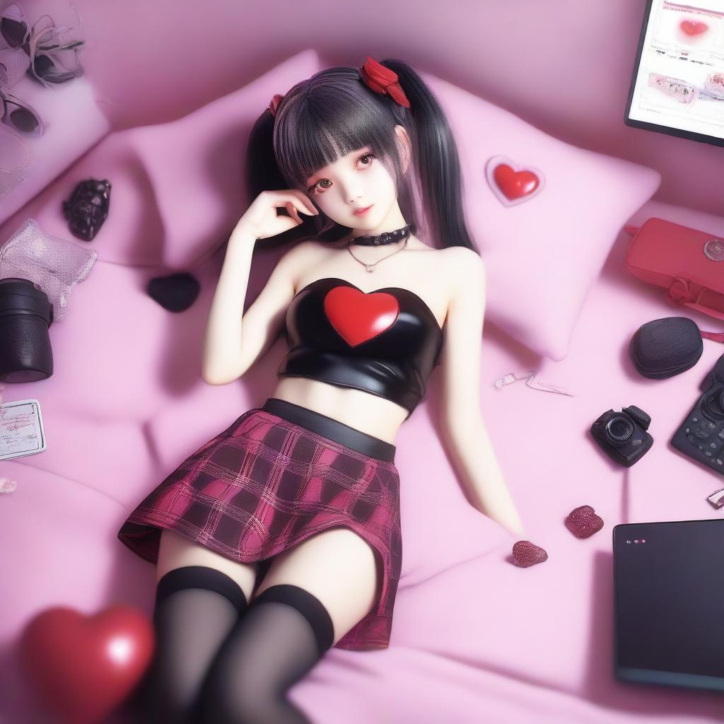 A woman with long black twintails and red eyes is laying down on a red heart-shaped bed in a digital bedroom