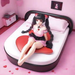 A woman with long black twintails and red eyes is laying down on a red heart-shaped bed in a digital bedroom