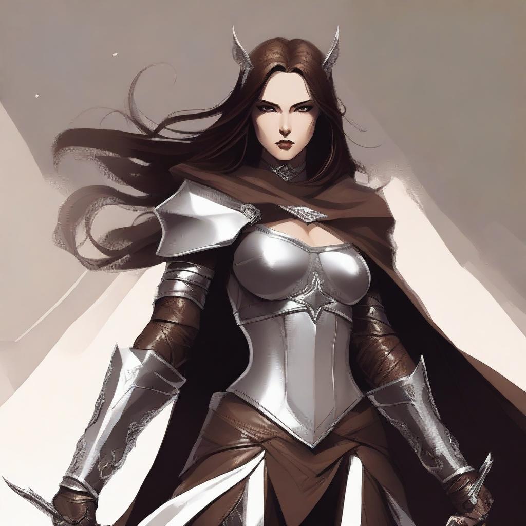 A warrior devil woman with long brown hair, dressed in brown armor and a white cape