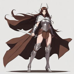 A warrior devil woman with long brown hair, dressed in brown armor and a white cape