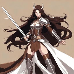 A warrior devil woman with long brown hair, dressed in brown armor and a white cape