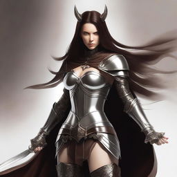 A warrior devil woman with long brown hair, dressed in brown armor and a white cape