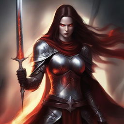 A warrior devil woman with red skin and long brown hair, wearing brown armor and a white cape