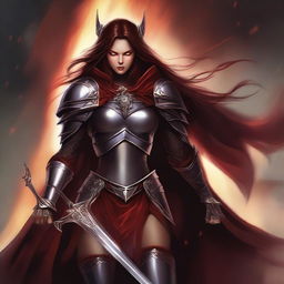 A warrior devil woman with red skin and long brown hair, wearing brown armor and a white cape