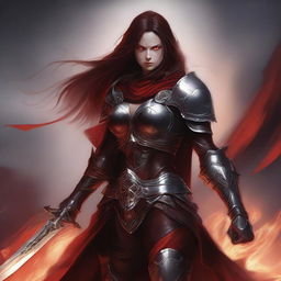 A warrior devil woman with red skin and long brown hair, wearing brown armor and a white cape