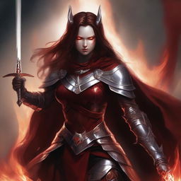 A warrior devil woman with red skin and long brown hair, wearing brown armor and a white cape