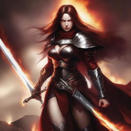 A warrior devil woman with red skin and long brown hair, wearing brown armor and a white cape