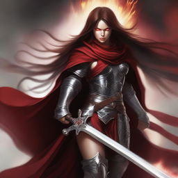 A warrior devil woman with red skin and long brown hair, wearing brown armor and a white cape