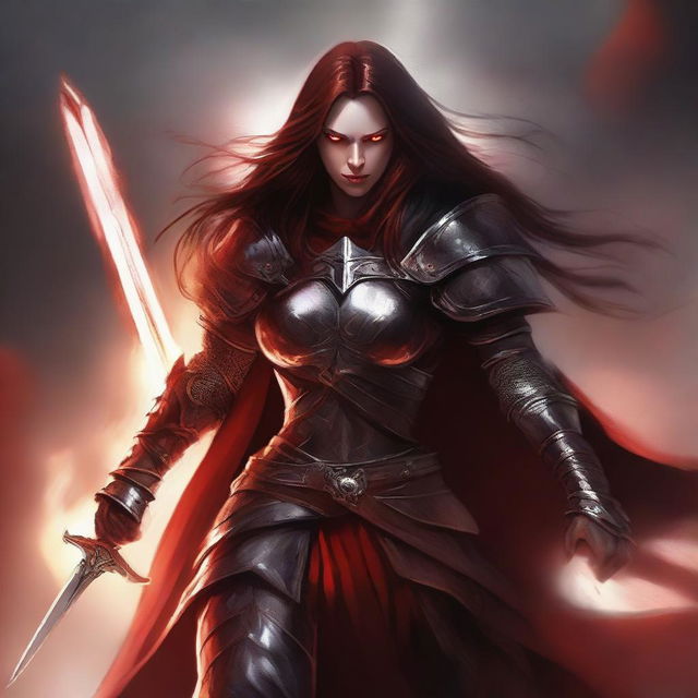 A warrior devil woman with red skin and long brown hair, wearing brown armor and a white cape