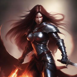 A warrior devil woman with red skin and long brown hair, wearing brown armor and a white cape