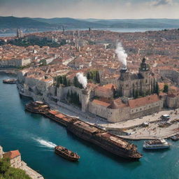 A steampunk-inspired reimagination of Croatia, featuring Zagreb cityscape injected with industrial-era machinery, the Dalmatian coast adorned with steam-engine ships, and the Plitvice lakes resonating with clockwork marvels.