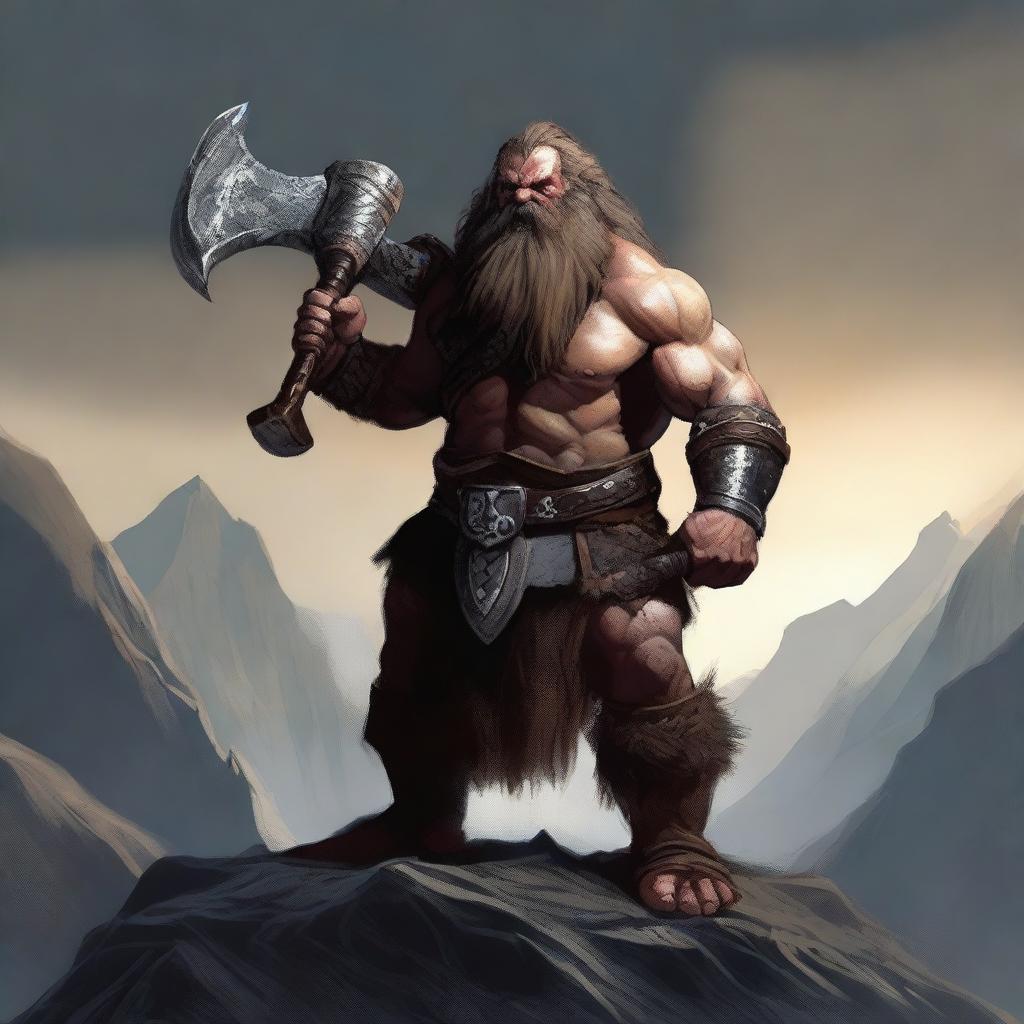 A fierce barbarian dwarf standing in a rugged, mountainous landscape