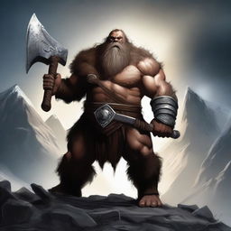 A fierce barbarian dwarf standing in a rugged, mountainous landscape