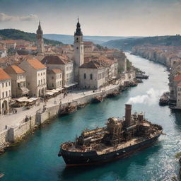 A steampunk-inspired reimagination of Croatia, featuring Zagreb cityscape injected with industrial-era machinery, the Dalmatian coast adorned with steam-engine ships, and the Plitvice lakes resonating with clockwork marvels.