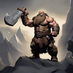 A fierce barbarian dwarf standing in a rugged, mountainous landscape