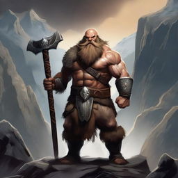 A fierce barbarian dwarf standing in a rugged, mountainous landscape