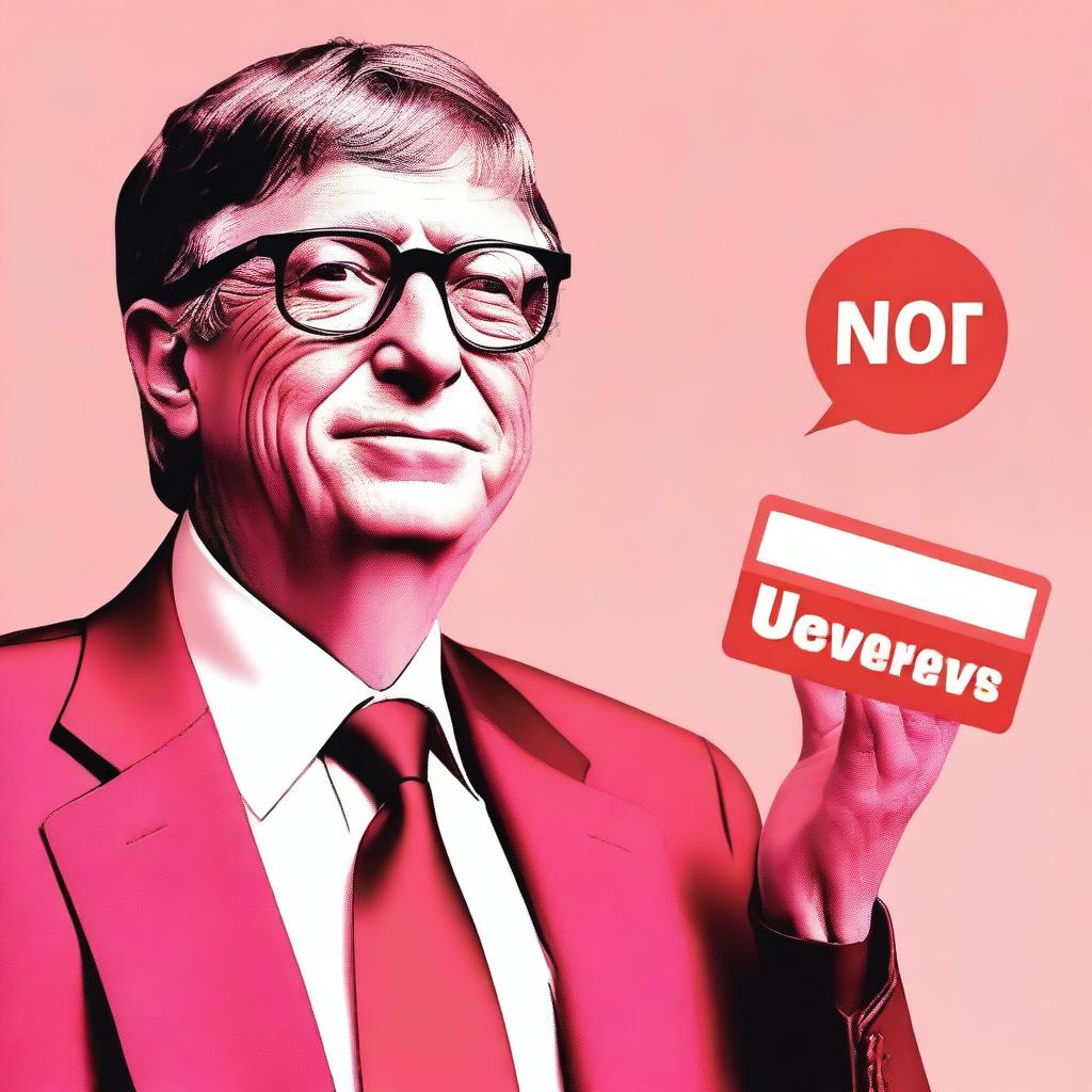 A vibrant pinkish and red colored background with an image of Bill Gates saying 'No' to a money icon