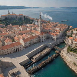 A steampunk-inspired reimagination of Croatia, featuring Zagreb cityscape injected with industrial-era machinery, the Dalmatian coast adorned with steam-engine ships, and the Plitvice lakes resonating with clockwork marvels.