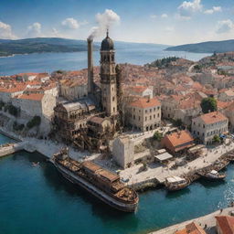 A steampunk-inspired reimagination of Croatia, featuring Zagreb cityscape injected with industrial-era machinery, the Dalmatian coast adorned with steam-engine ships, and the Plitvice lakes resonating with clockwork marvels.