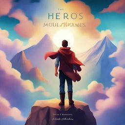 Create a book cover featuring an adventurous scene with a brave hero standing on a cliff overlooking a vast, mystical landscape