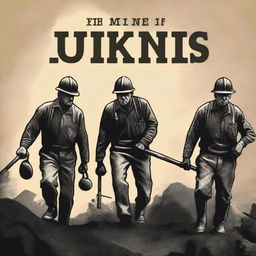 Design a book cover titled 'UK Mines' featuring a historical depiction of miners working in the coal mines of the United Kingdom