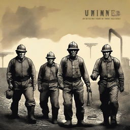 Design a book cover titled 'UK Mines' featuring a historical depiction of miners working in the coal mines of the United Kingdom