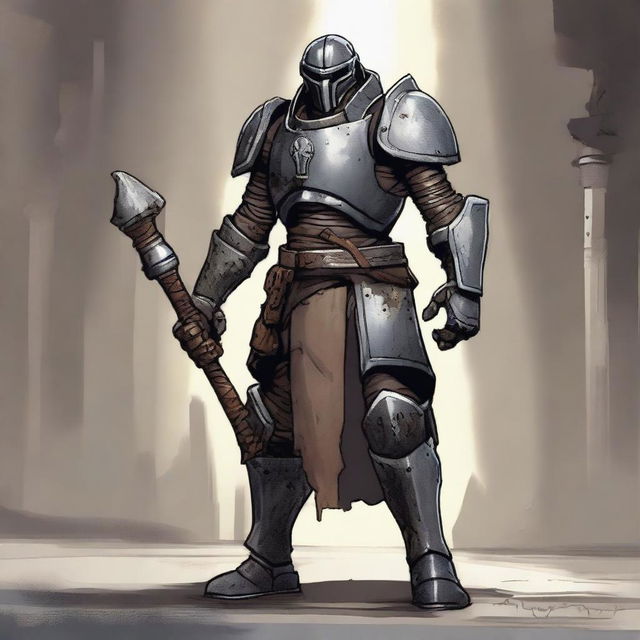 A detailed depiction of a damaged Warforged Artificer Armorer with a mace attached to his arm