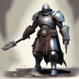 A detailed depiction of a damaged Warforged Artificer Armorer with a mace attached to his arm