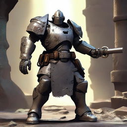 A detailed depiction of a damaged Warforged Artificer Armorer with a mace attached to his arm