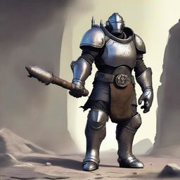 A detailed depiction of a damaged Warforged Artificer Armorer with a mace attached to his arm