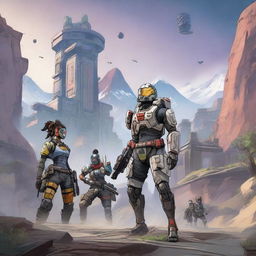 A detailed and dynamic background inspired by the game Apex Legends, featuring iconic elements from the game such as futuristic landscapes, advanced technology, and battle-ready environments