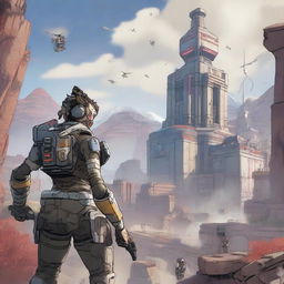 A detailed and dynamic background inspired by the game Apex Legends, featuring iconic elements from the game such as futuristic landscapes, advanced technology, and battle-ready environments