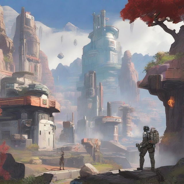 A detailed and dynamic background inspired by the game Apex Legends, featuring iconic elements from the game such as futuristic landscapes, advanced technology, and battle-ready environments