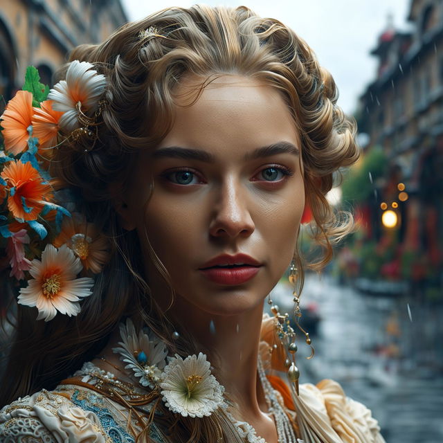 Intense close-up of a different woman's intricately detailed face in a hyper-realistic 3D photograph. She's in a rococo gown in a vibrant, mystical Russian town on a rainy day.