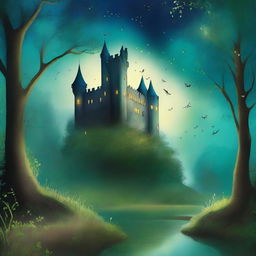 A captivating book cover featuring a mystical forest with a hidden ancient castle in the background