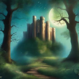 A captivating book cover featuring a mystical forest with a hidden ancient castle in the background