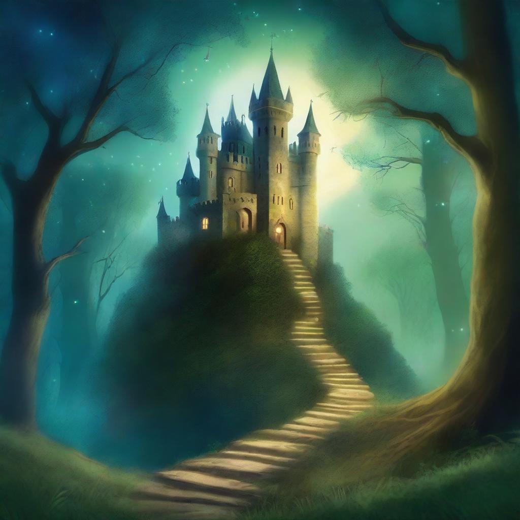 A captivating book cover featuring a mystical forest with a hidden ancient castle in the background